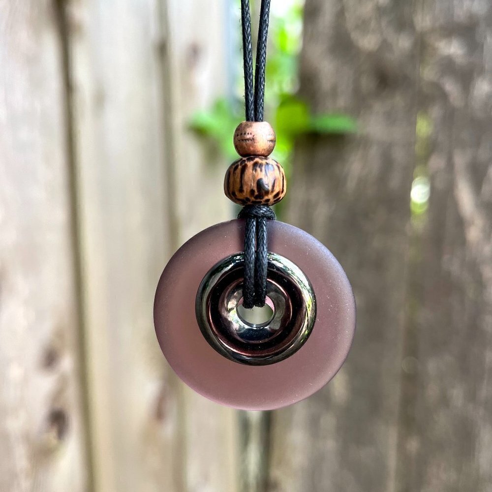 Hematite and Purple Sea Glass Pendant | Handmade - Picture 5 of 6